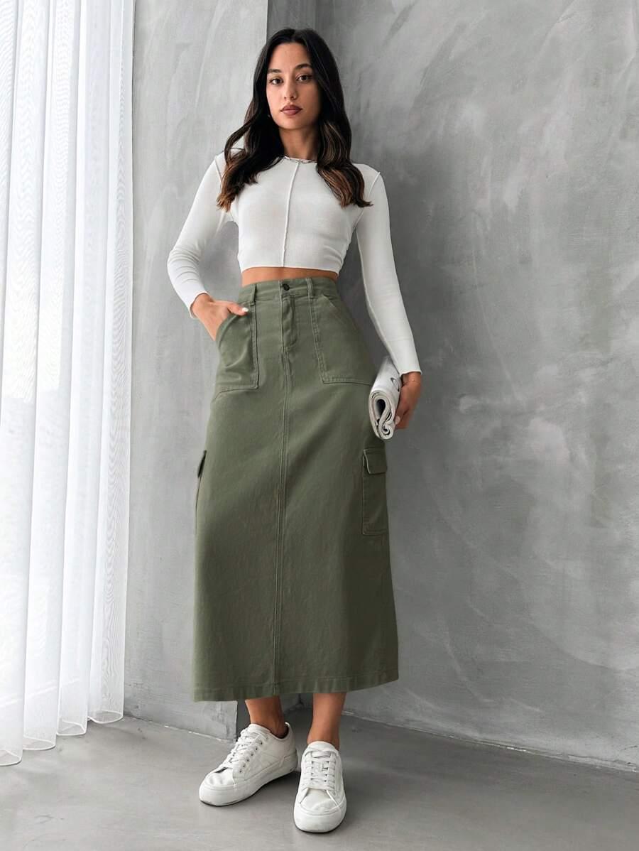 zielona spódnica jeans kieszenie