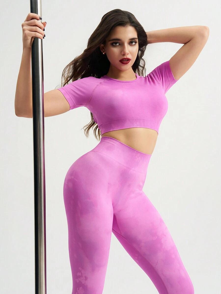 fioletowy komplet top legginsy