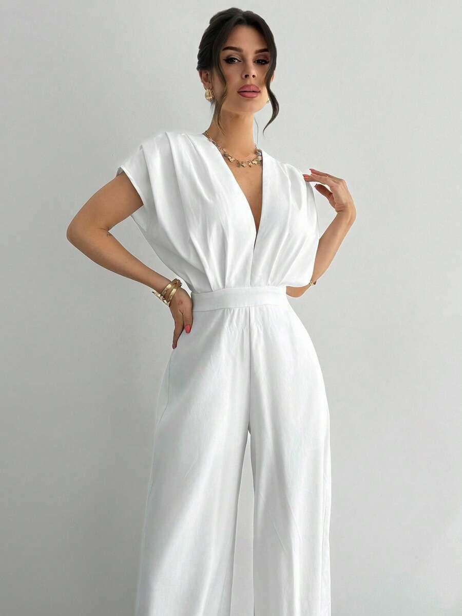 biały kombinezon v-neck