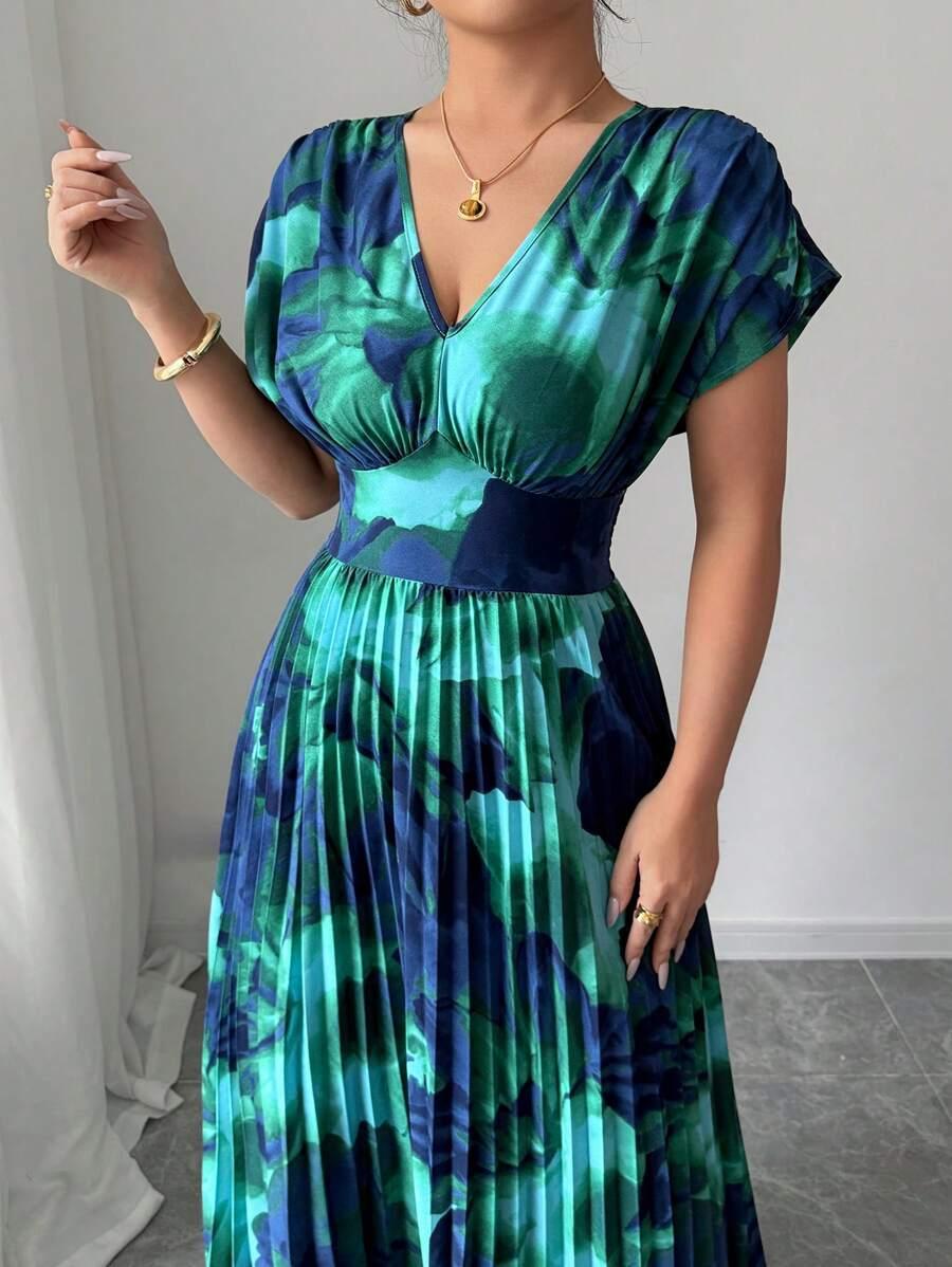 plisowana maxi sukienka v-neck