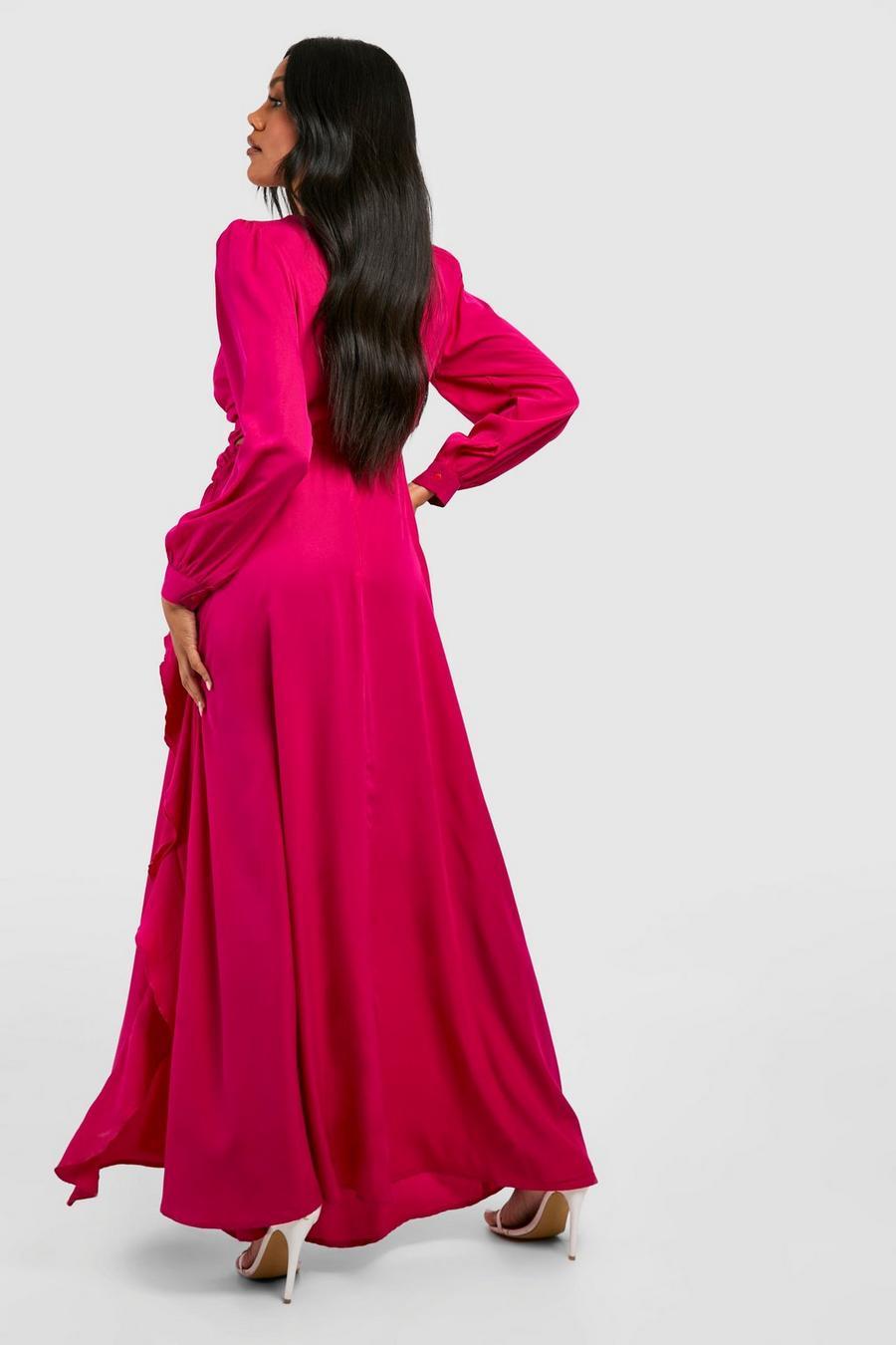 różowa maxi sukienka falbany wycięcia długi rękaw