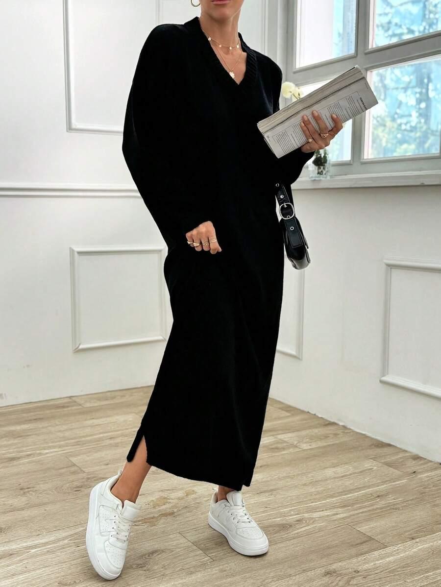 CZARNA SUKIENKA DZIANINA V-NECK