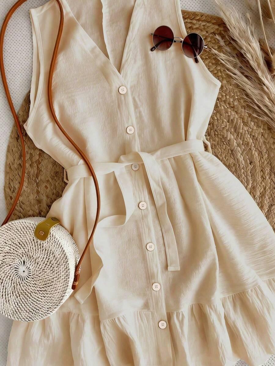 beżowa sukienka v-neck falbana