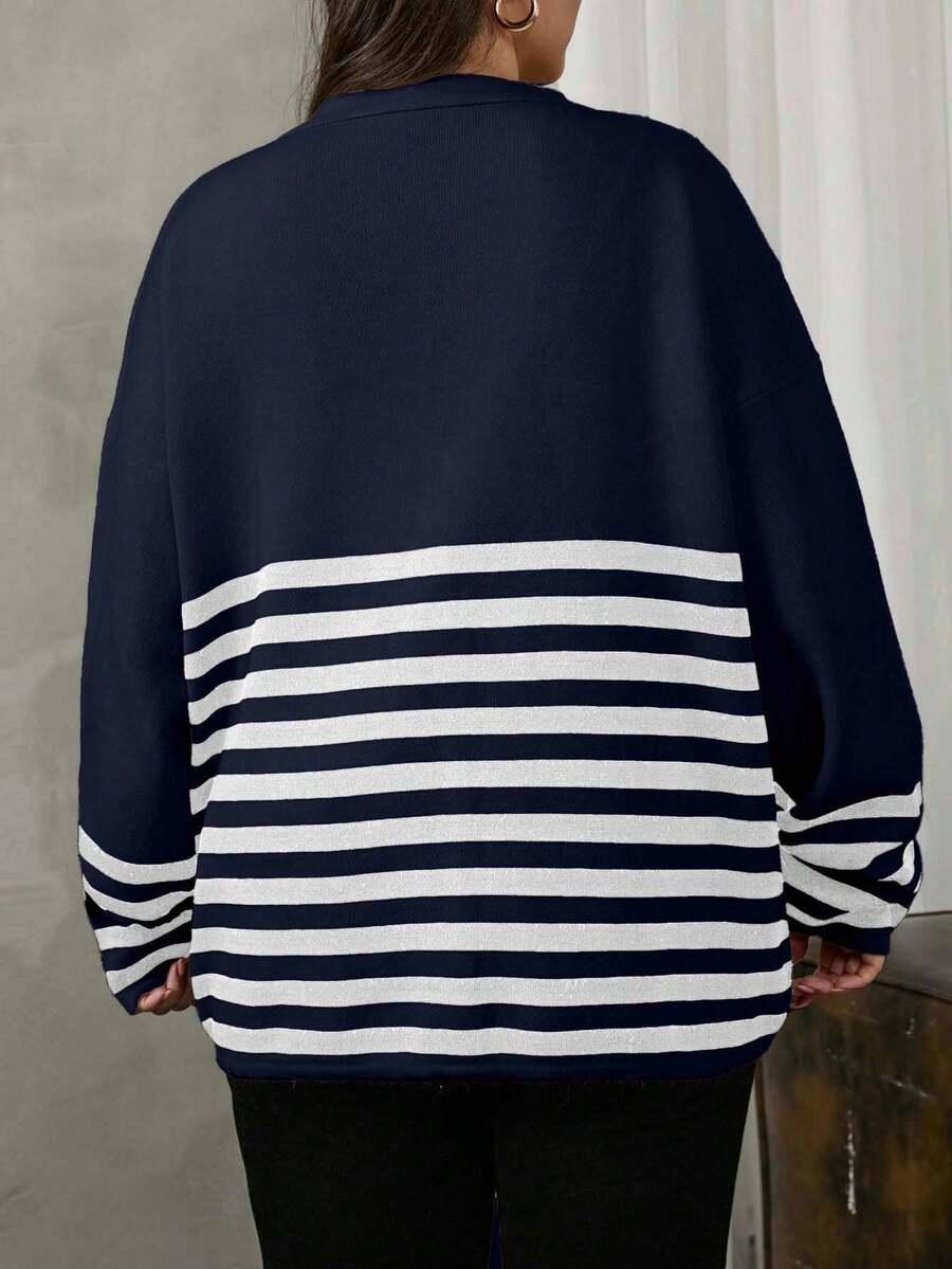 granatowy sweter v neck wzór paski