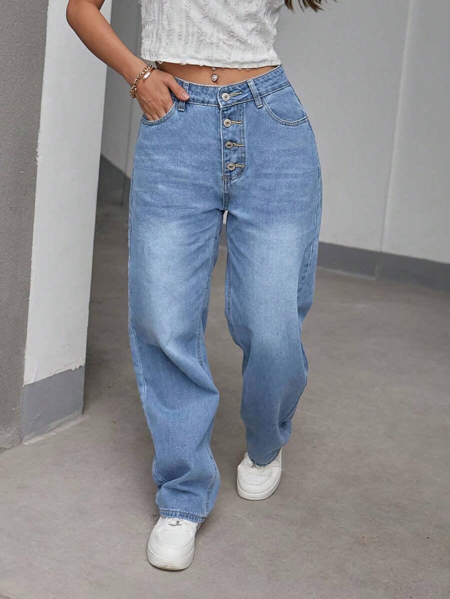 SPODNIE JEANS WYSOKI STAN GUZIKI