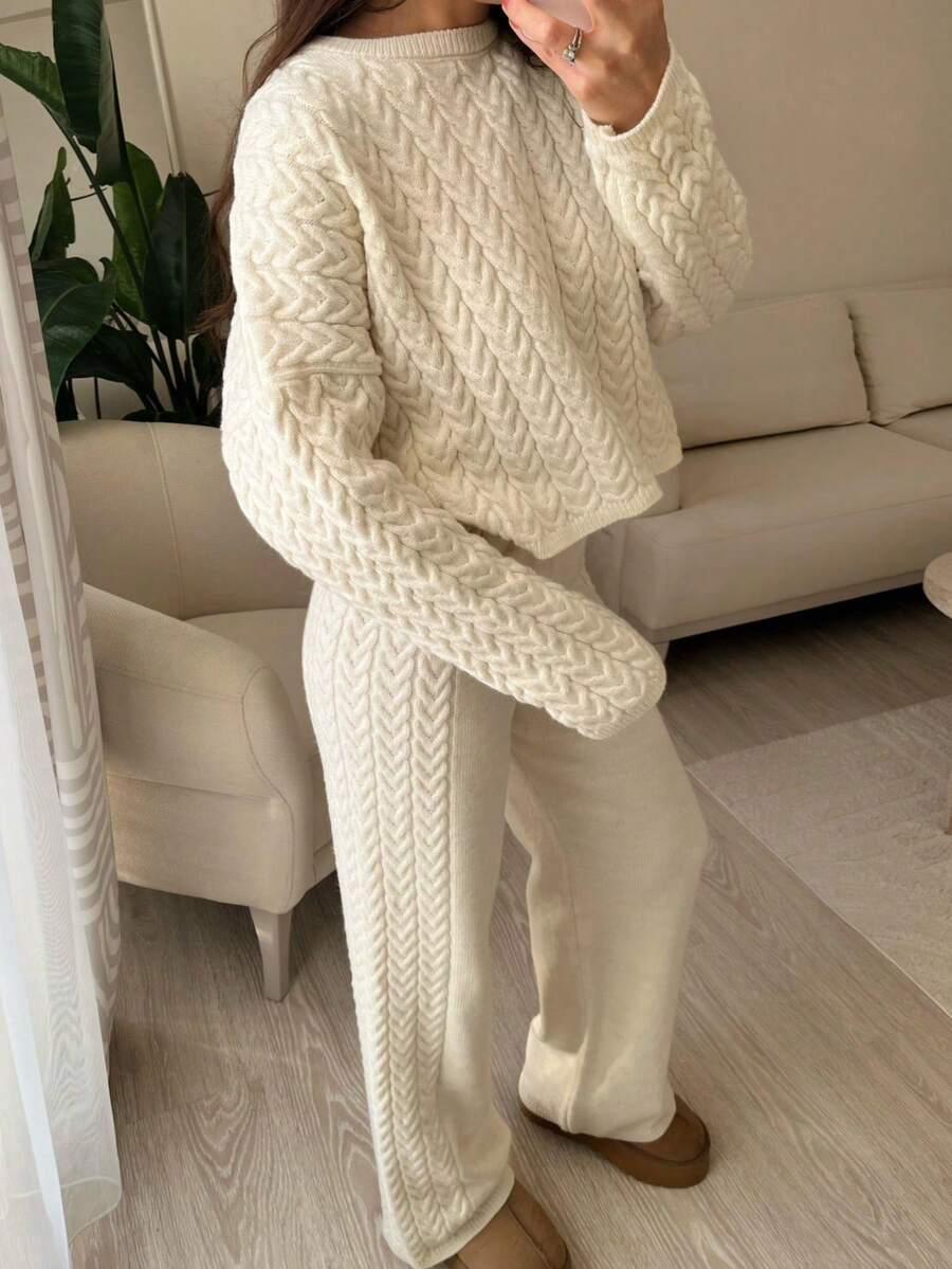 BEŻOWY SWETER SPODNIE KOMPLET 