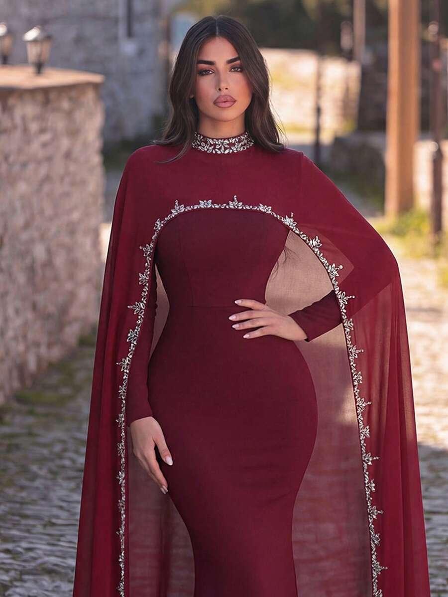 bordowa maxi sukienka zdobienie