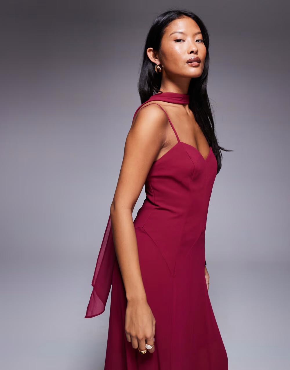 bordowa maxi sukienka na ramiączkach v-neck