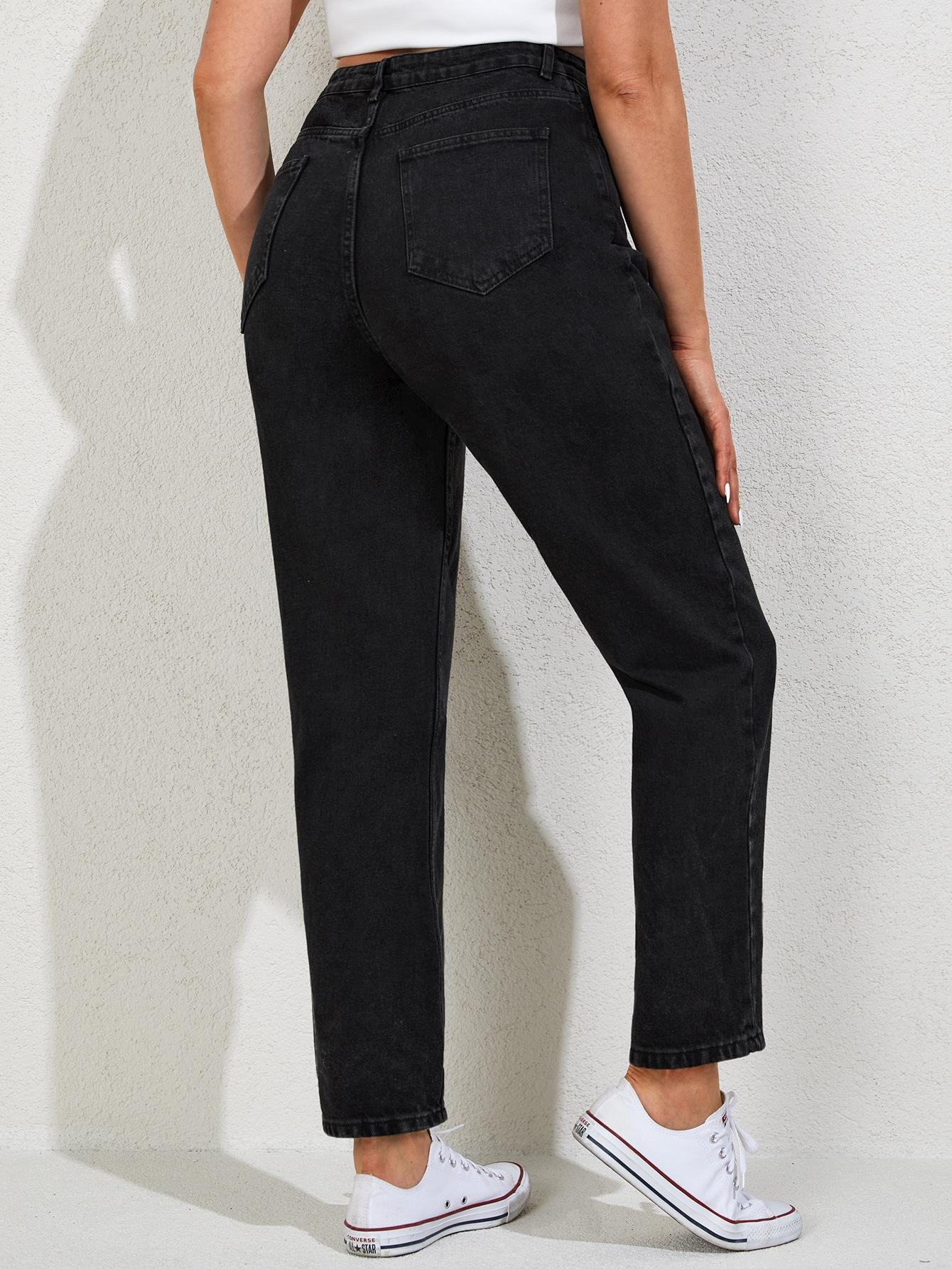 CZARNE JEANSY Z WYSOKIM STANEM PROSTE NOGAWKI 