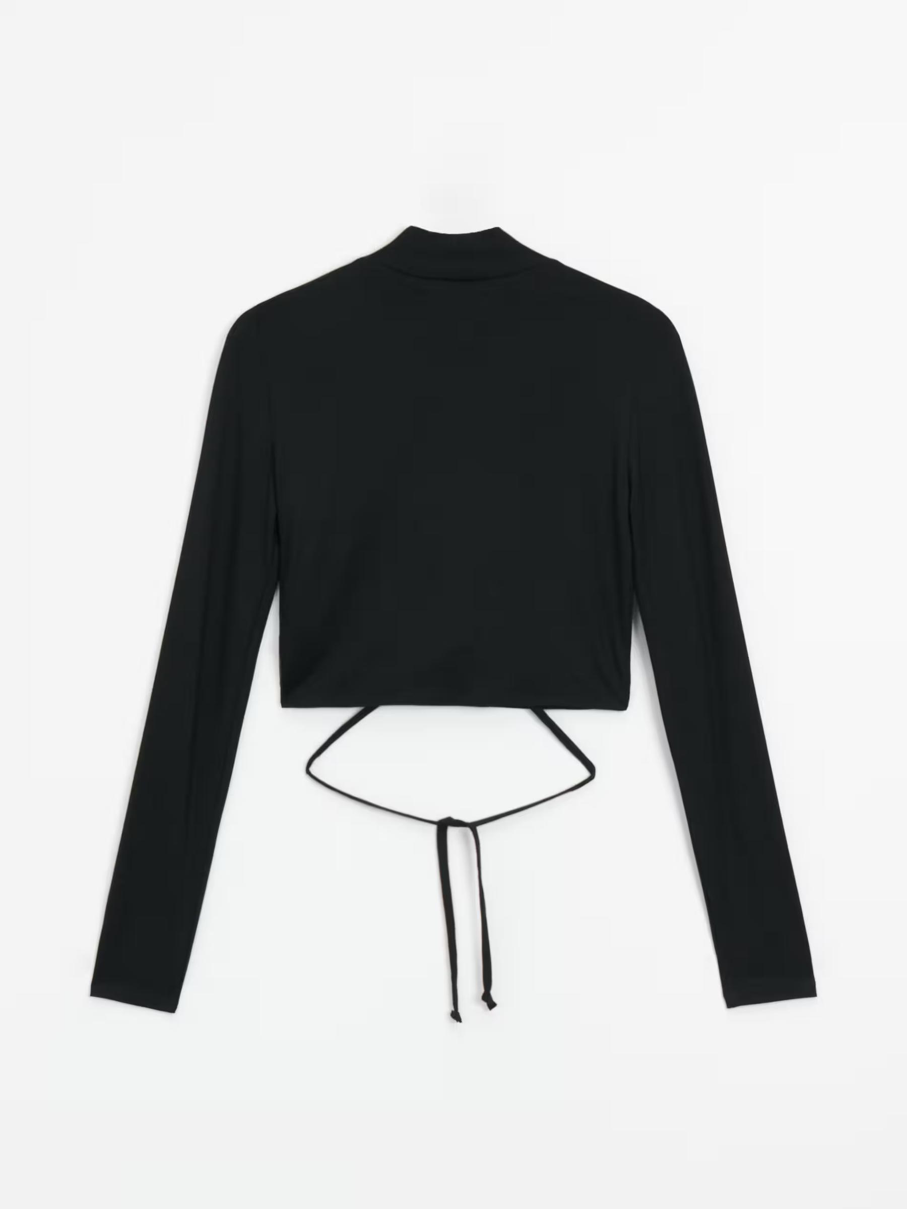 CZARNY CROP TOP DŁUGI RĘKAW WYCIĘCIE WIĄZANIE