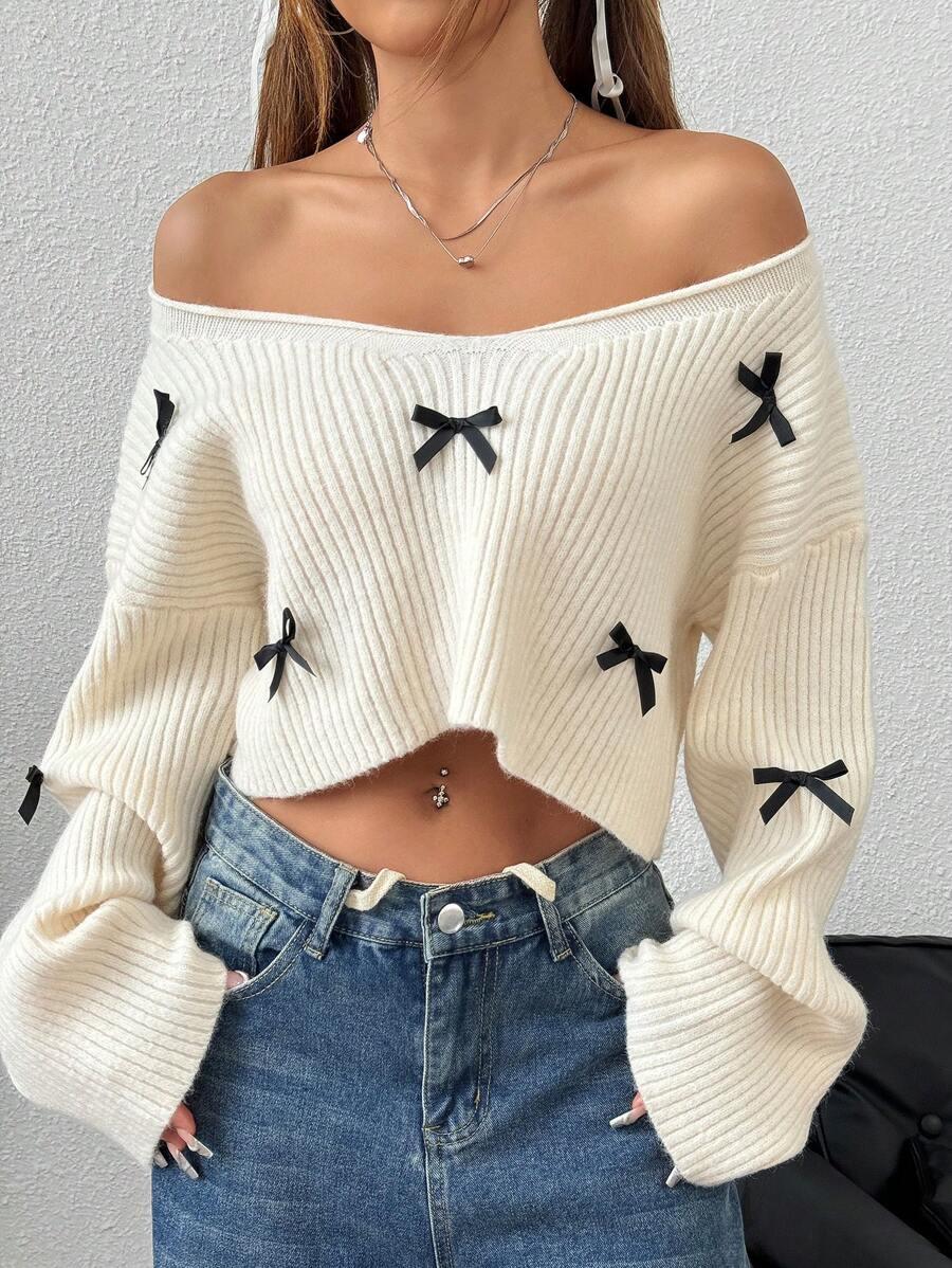 prążkowany sweter v neck kokardy