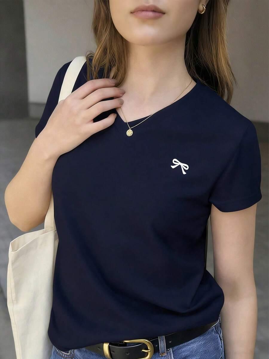 granatowa bluzka v-neck wzór print