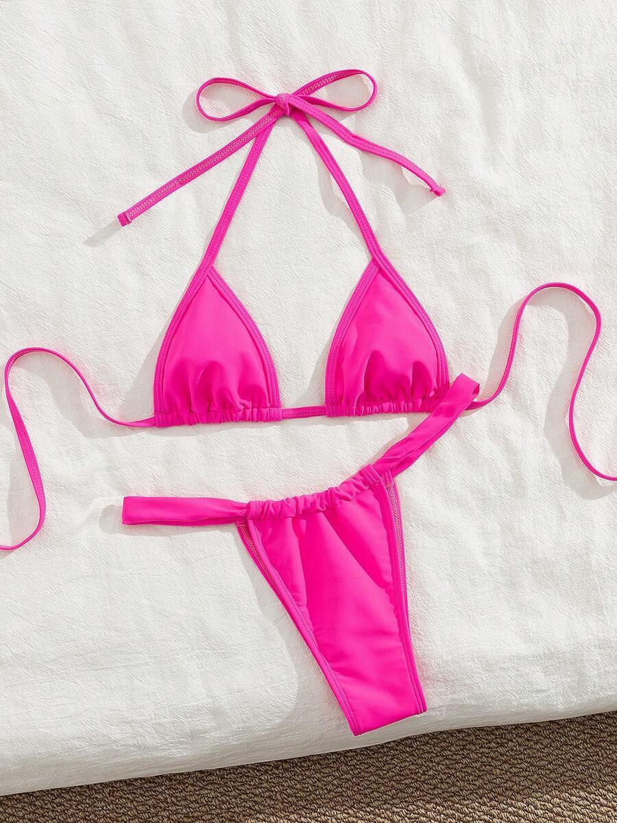 różowy komplet bikini wiązanie