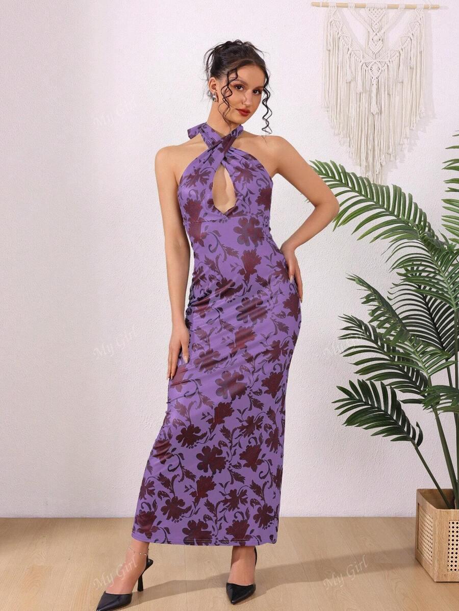 FIOLETOWA MAXI SUKIENKA W KWIATY