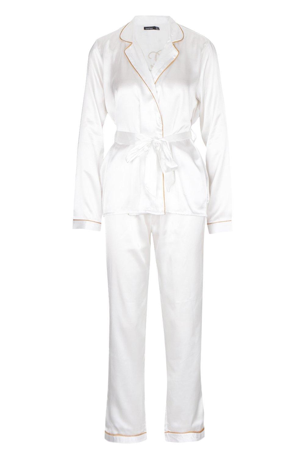 biały satynowy komplet piżama haft 