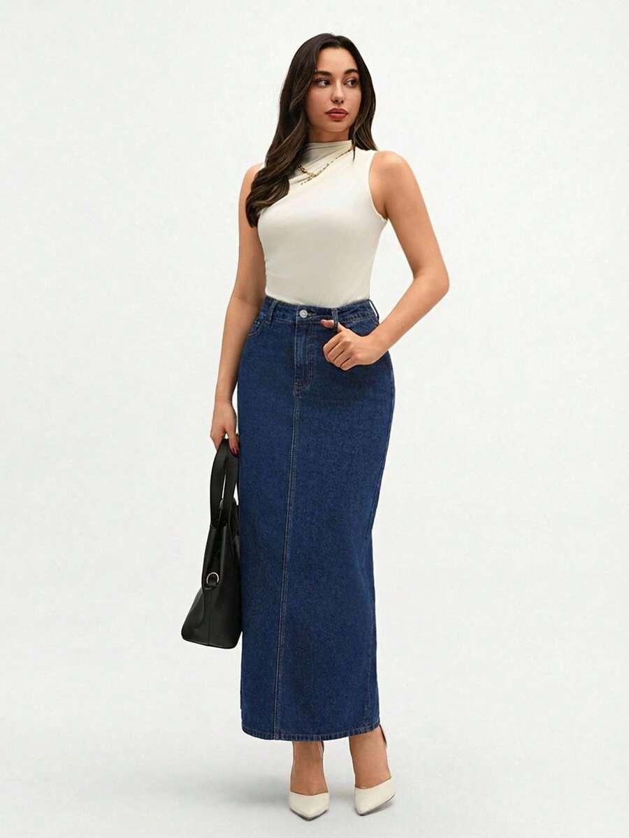 niebieska maxi spódnica z rozcięciem jeans