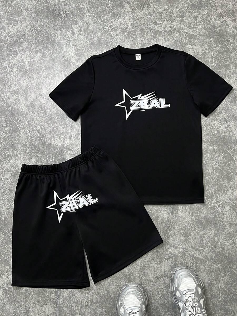 szary komplet t-shirt spodenki nadruk