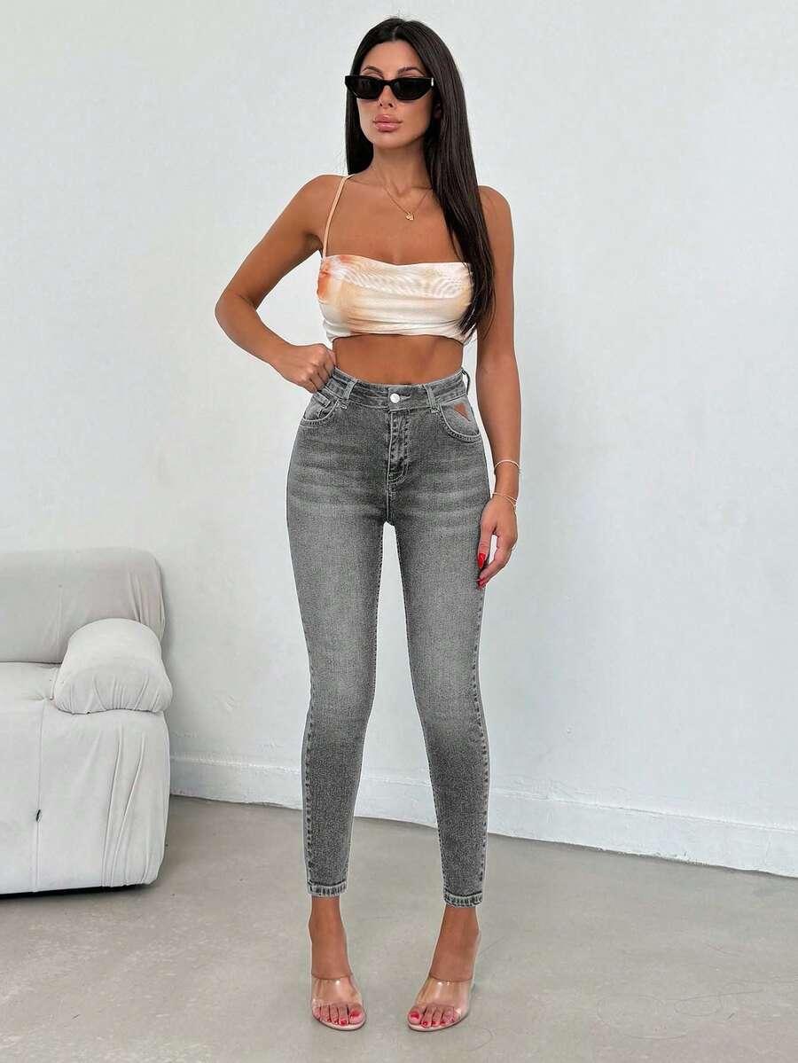 szare SPODNIE JEANS WYSOKI STAN 