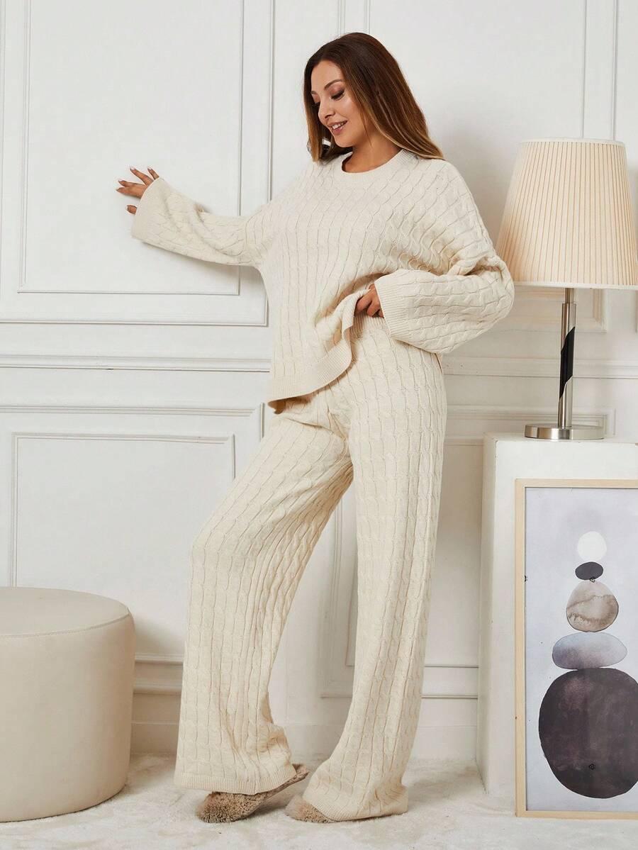 BEŻOWY DZIANINOWY KOMPLET SWETER SPODNIE