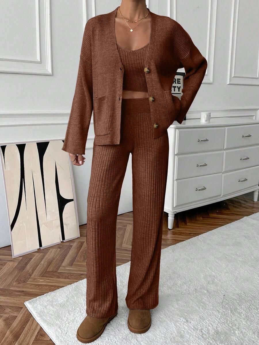 DZIANINOWY KOMPLET SWETER TOP SPODNIE