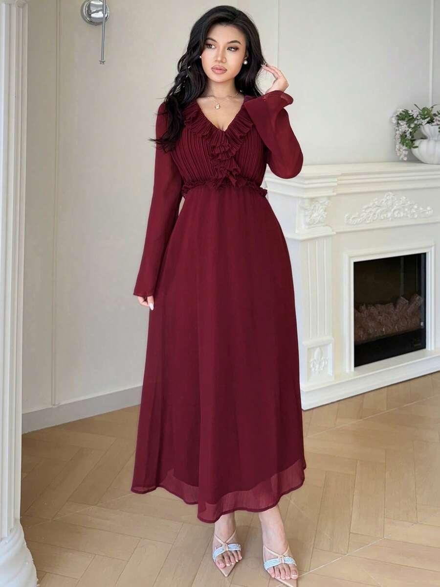 maxi sukienka długi rękaw v neck falbana 