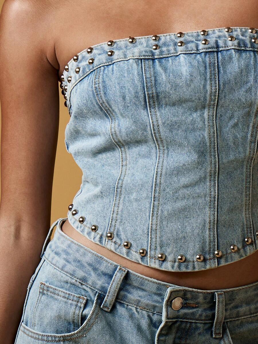 niebieski jeansowy top