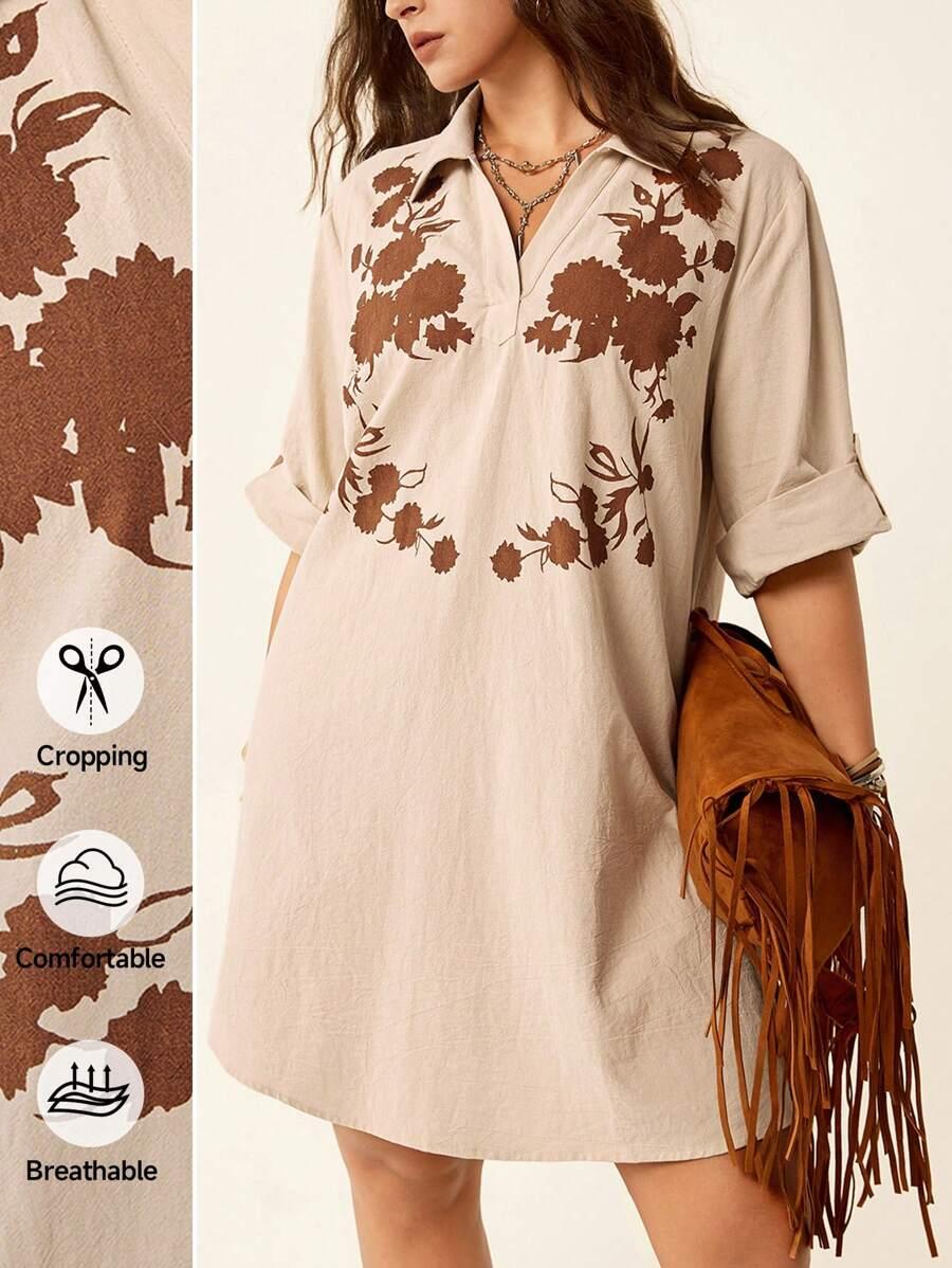 beżowa sukienka v neck nadruk