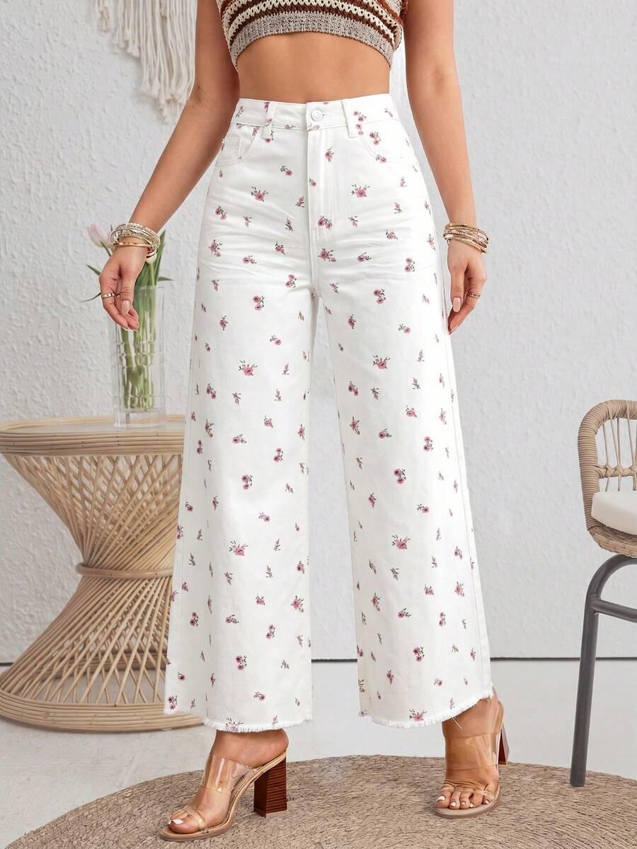białe spodnie jeans kwiaty