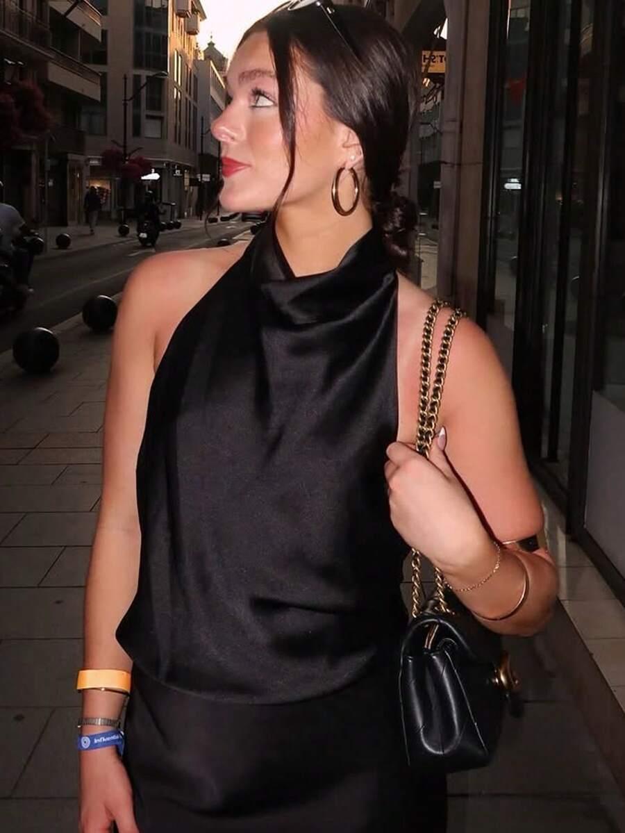CZARNY SATYNOWY TOP