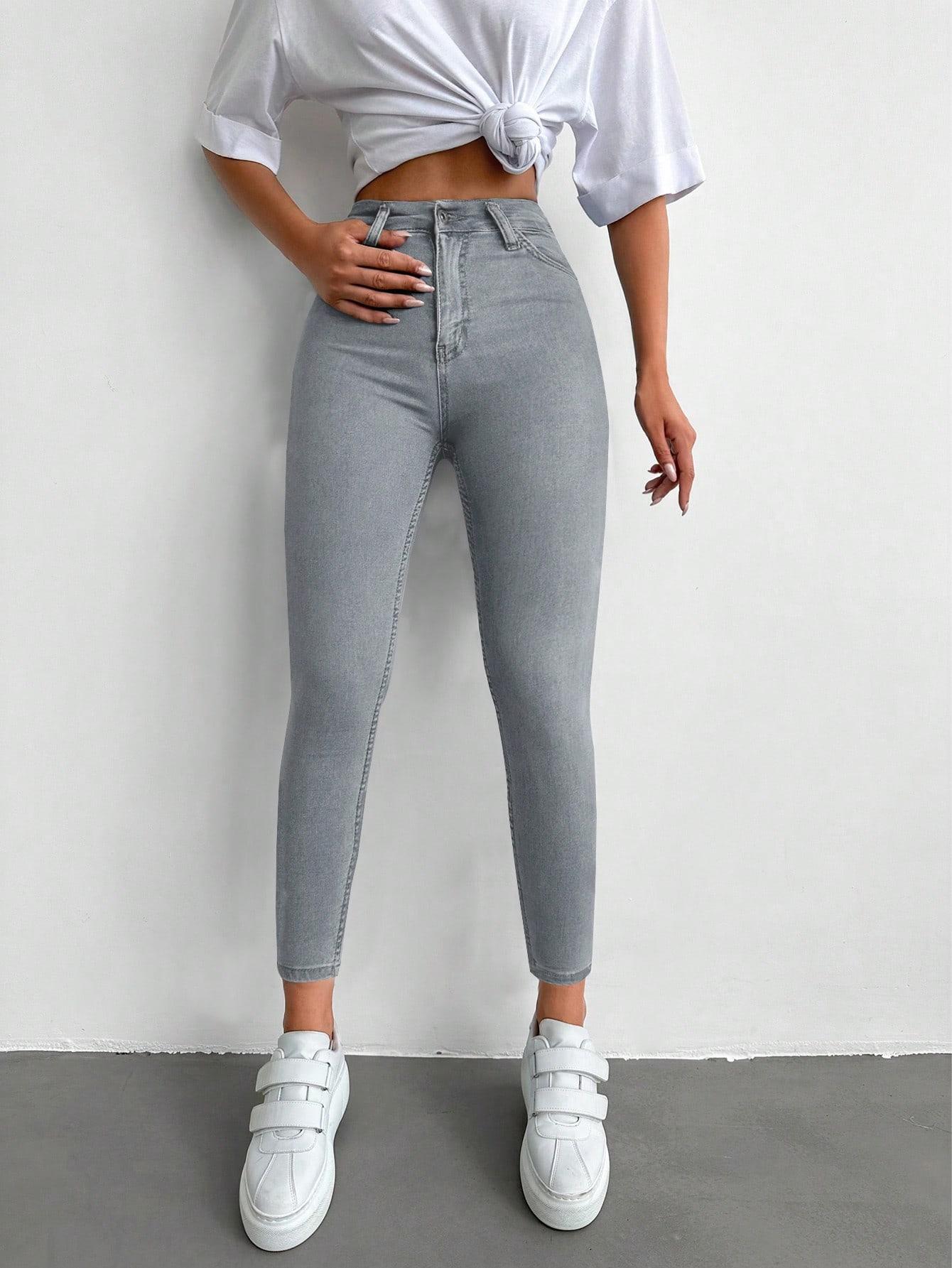 SZARE SPODNIE RURKI JEANS WYSOKI STAN
