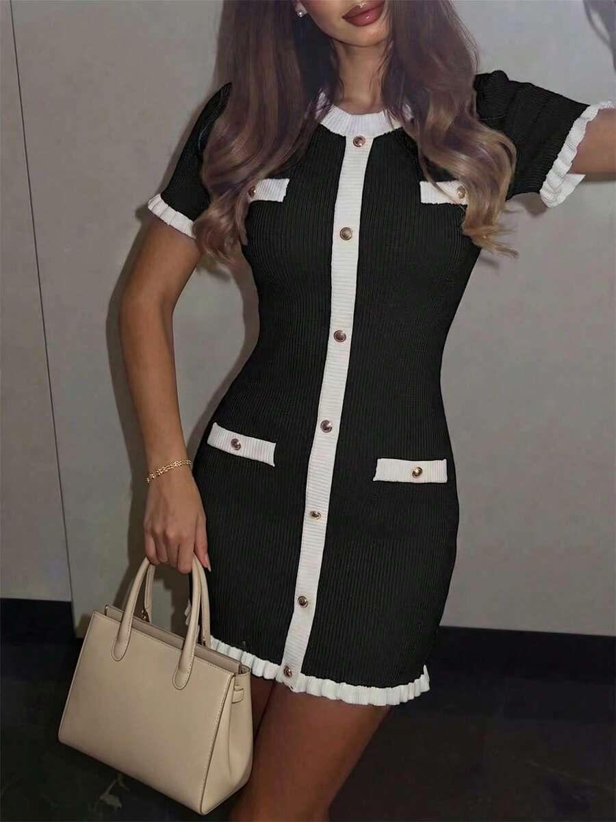 dzianinowa mini sukienka kontrast