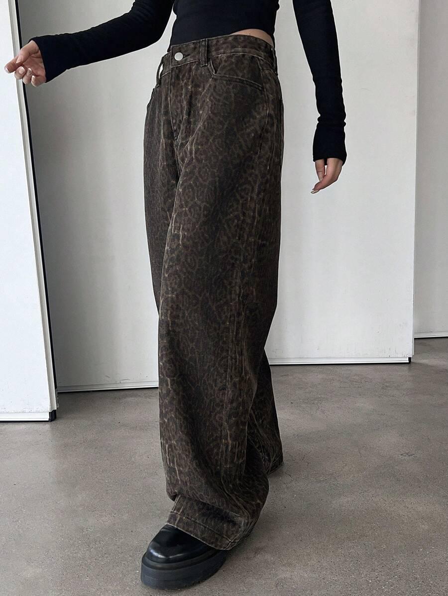 SPODNIE JEANS Z SZEROKIMI NOGAWKAMI ANIMAL PRINT 