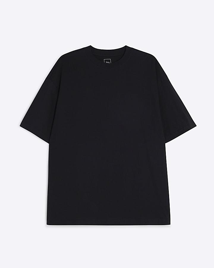 bawełniany CZARNY T-SHIRT OVERSIZE okrągły dekolt