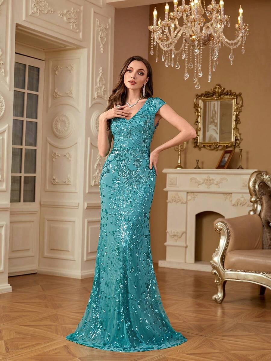 zdobiona maxi sukienka v neck połysk 
