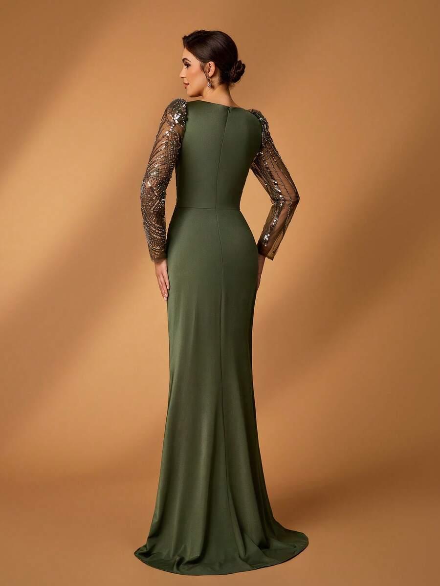 ZIELONA MAXI SUKIENKA V-NECK połysk