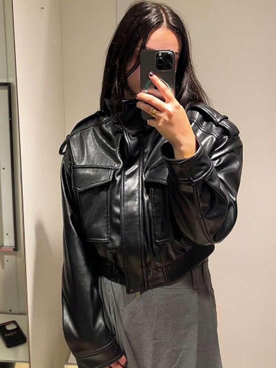 CZARNA KURTKA BOMBER IMITACJA SKÓRY