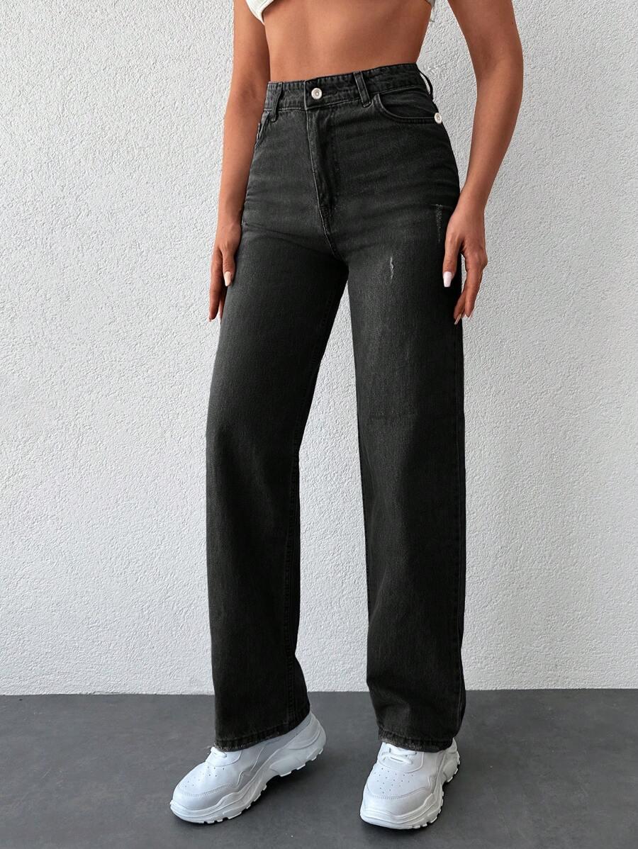 spodnie jeans proste nogawki wysoki stan ripped