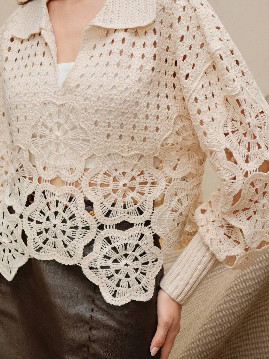 DAMSKI LUŹNY SWETER Z DŁUGIM RĘKAWEM I KOŁNIERZYKIEM TYPU UPADEK