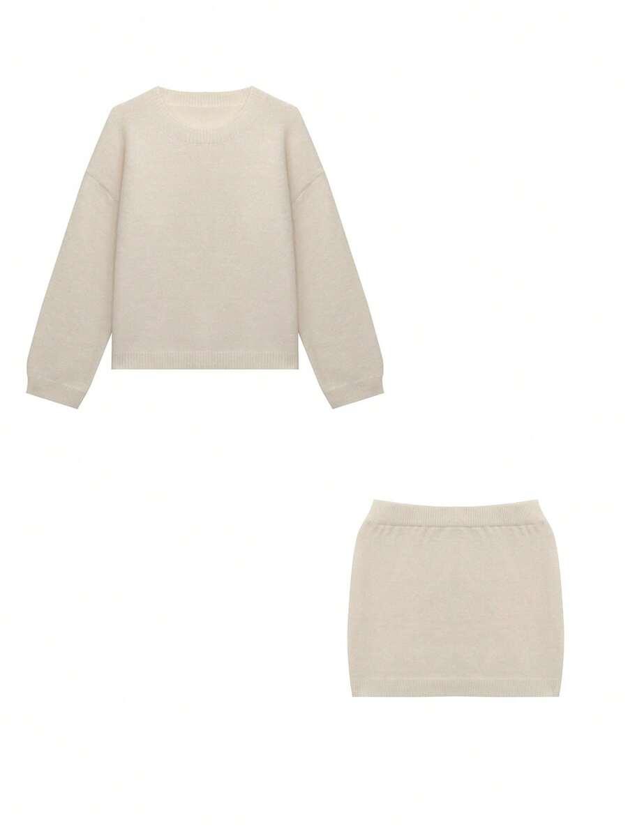 BEŻOWY SWETER SPÓDNICA KOMPLET 