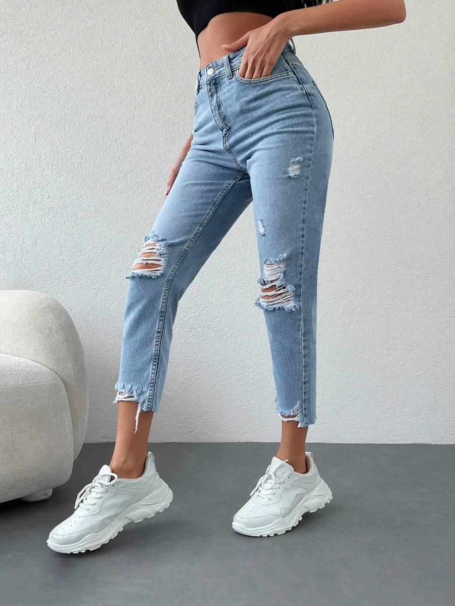 NIEBIESKIE SPODNIE MOM JEANS PRZETARCIA