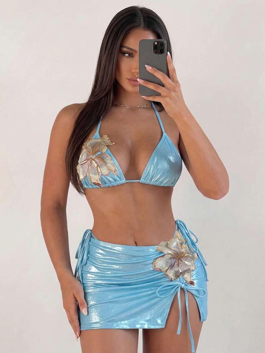 NIEBIESKI TRZYCZĘŚCIOWY KOMPLET BIKINI KWIAT 3D