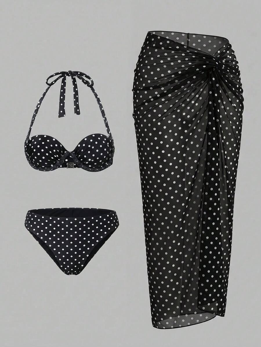 trzyczęściowy komplet bikini pareo wzór groszki