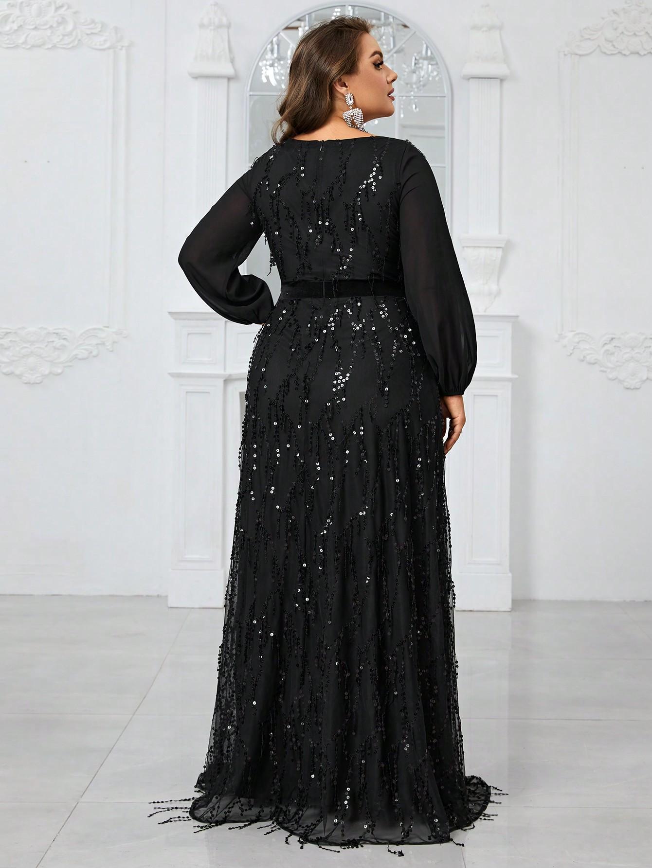 czarna maxi sukienka długi rękaw cekiny 