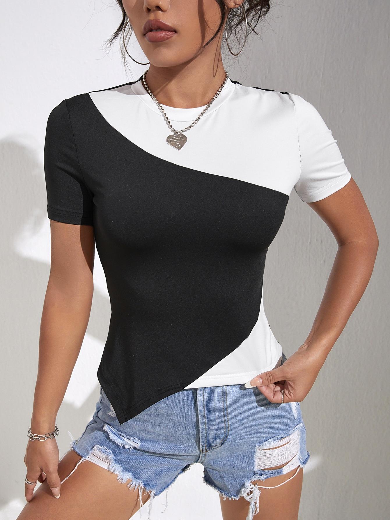 dopasowany t-shirt okrągły dekolt 