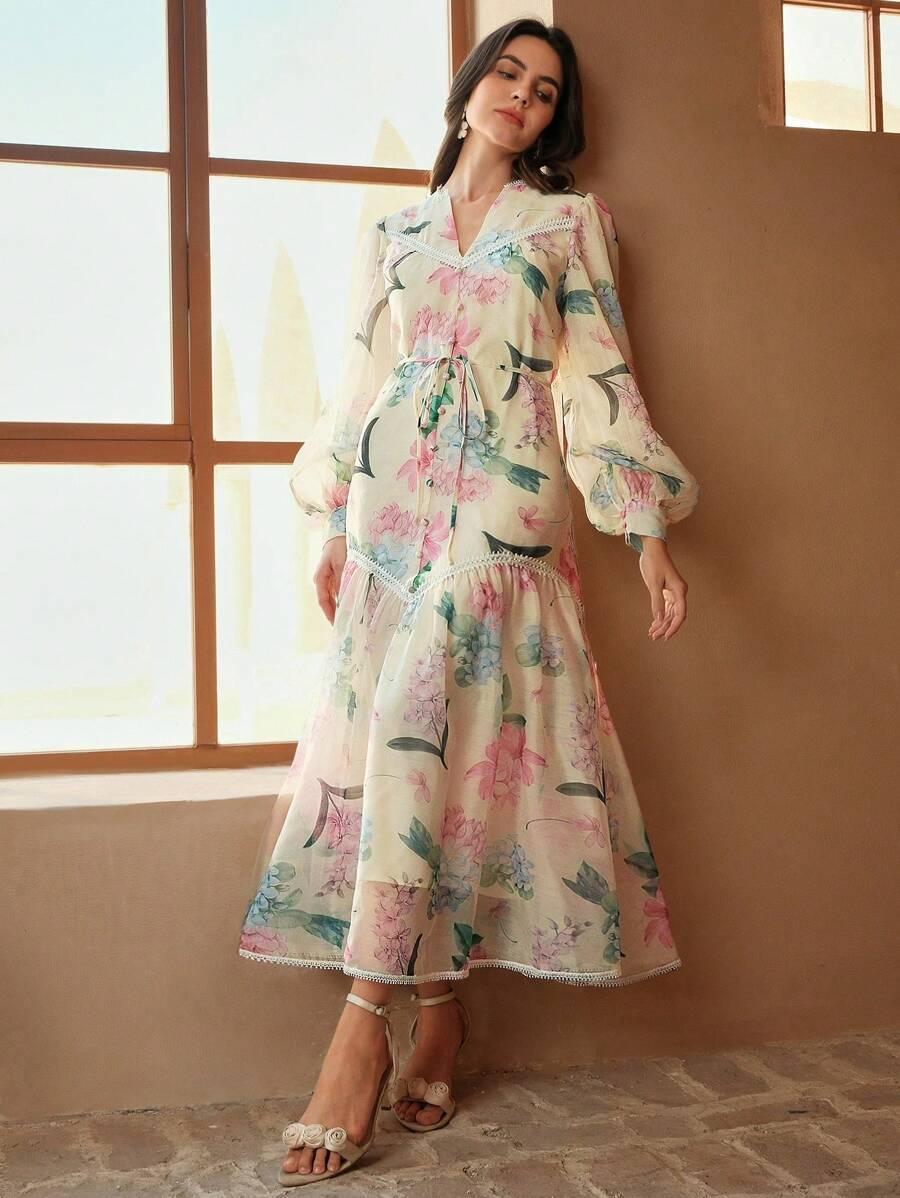 SUKIENKA WIECZOROWA MAXI DEKOLT V ROZKLOSZOWANA DŁUGI RĘKAW