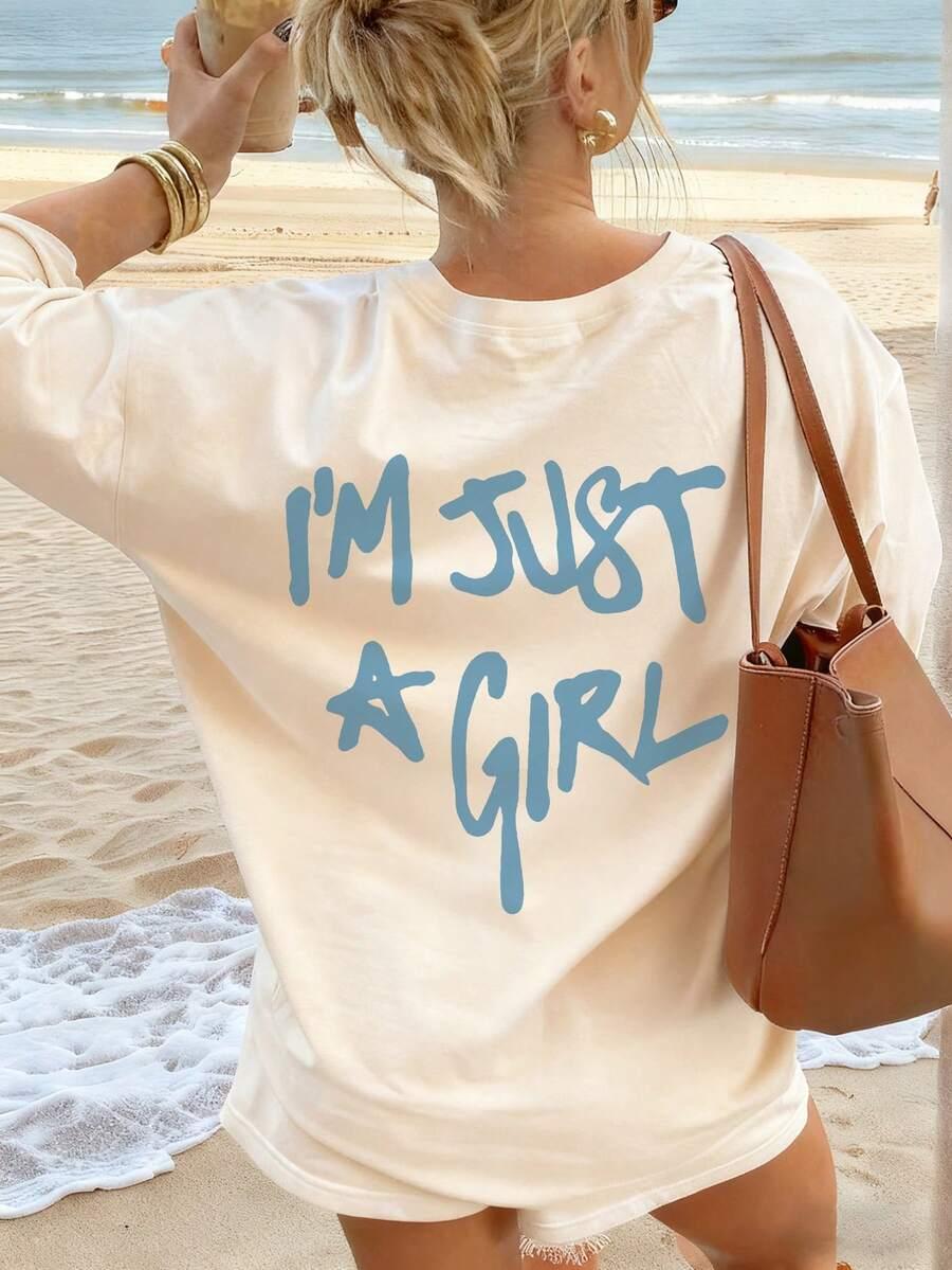 BEŻOWY T-SHIRT NAPIS I'm Just Girl