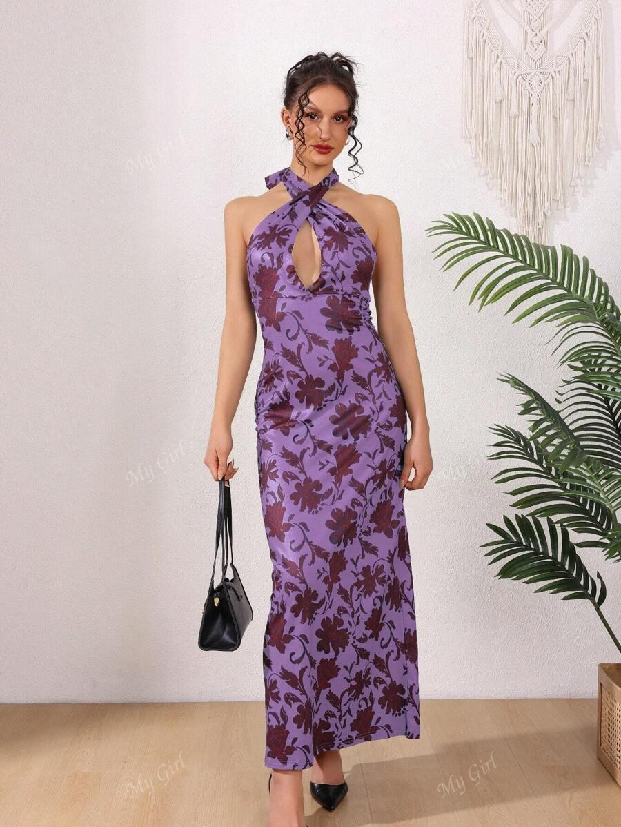 FIOLETOWA MAXI SUKIENKA W KWIATY