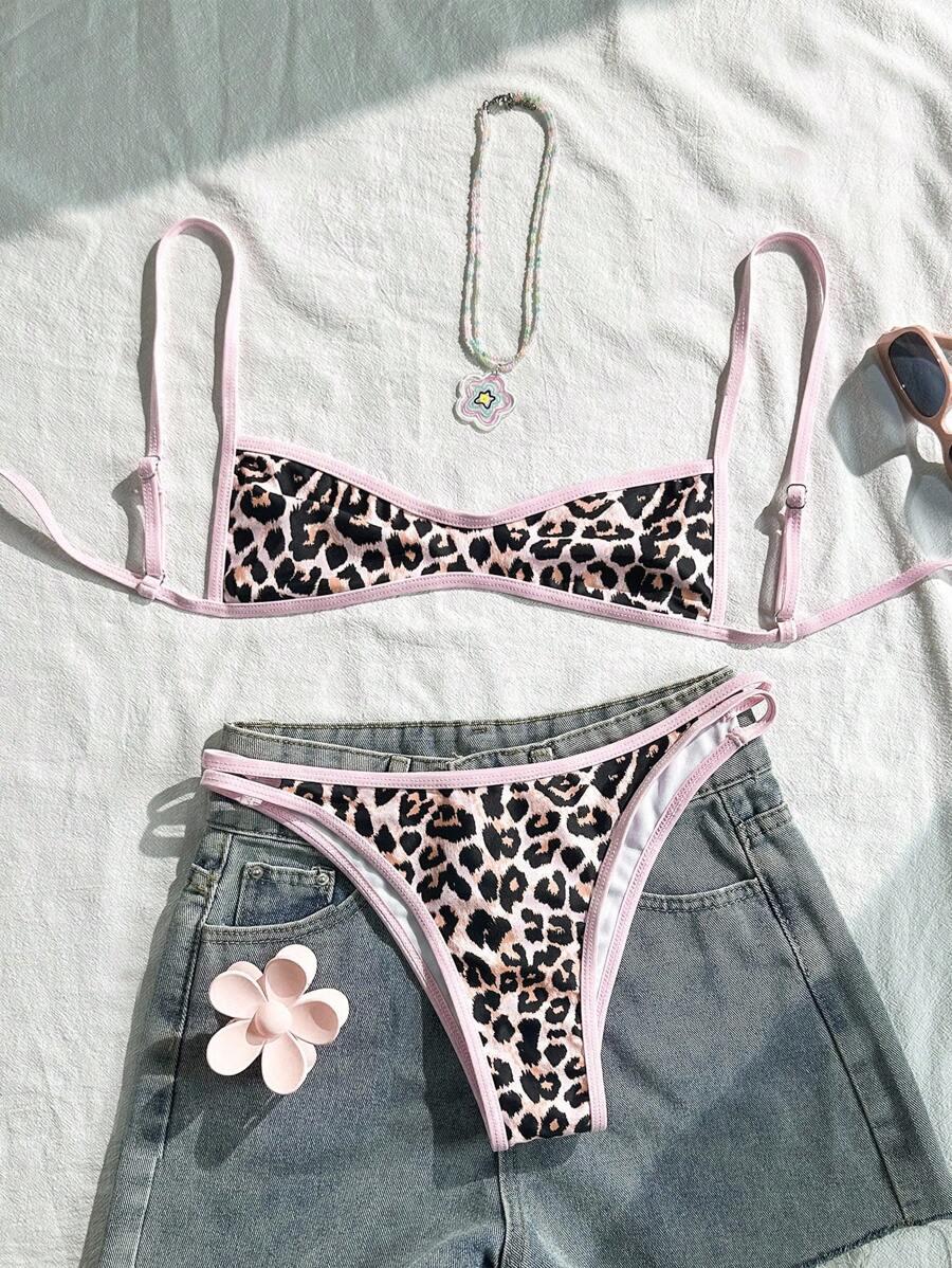 KOMPLET BIKINI W PANTERKĘ RÓŻOWA LAMÓWKA
