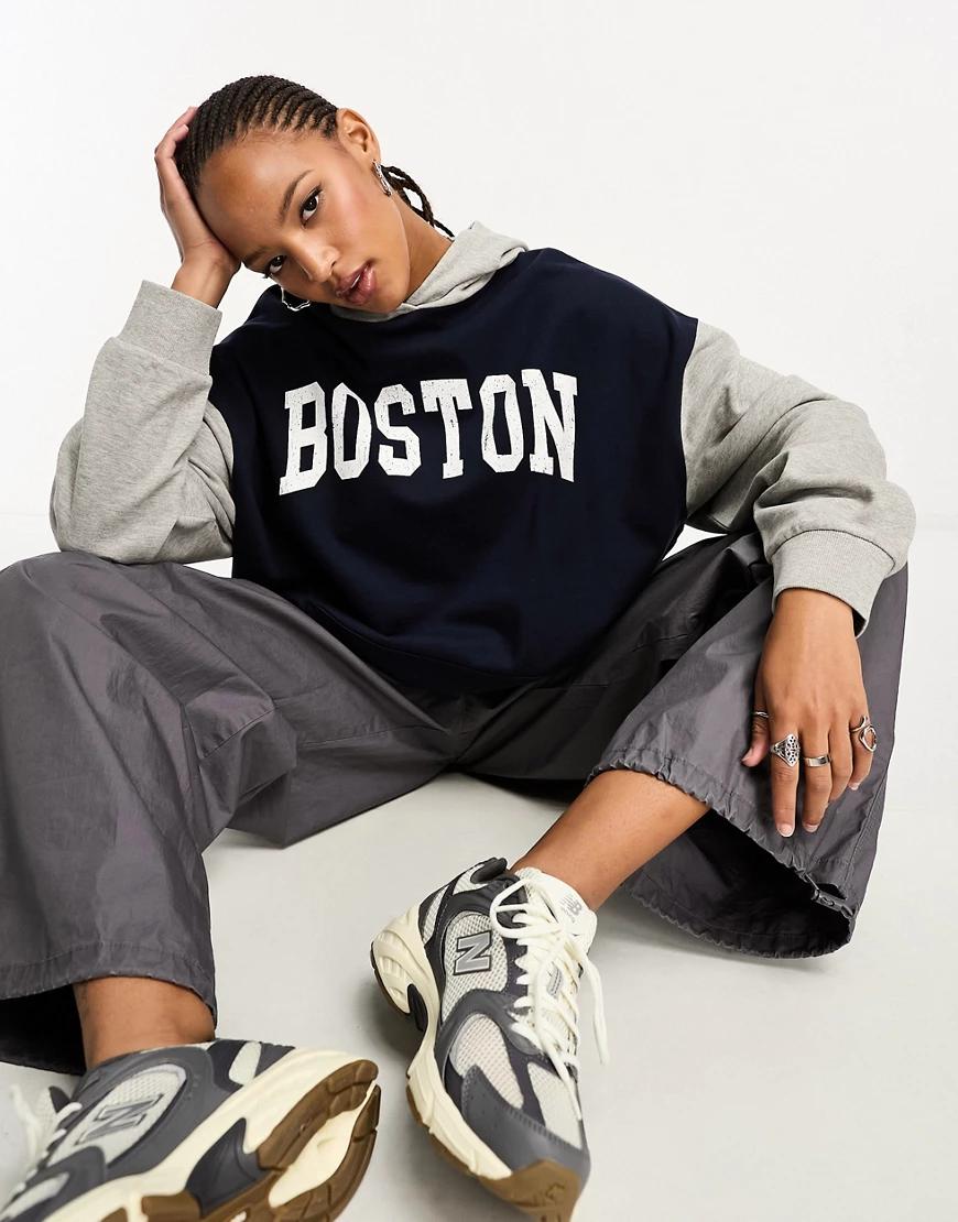 GRANATOWA BLUZA Z KAPTUREM OVERSIZE NAPIS BOSTON