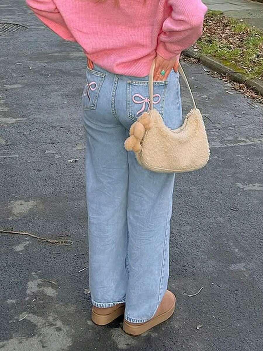 NIEBIESKIE SPODNIE JEANS HAFT KOKARDY